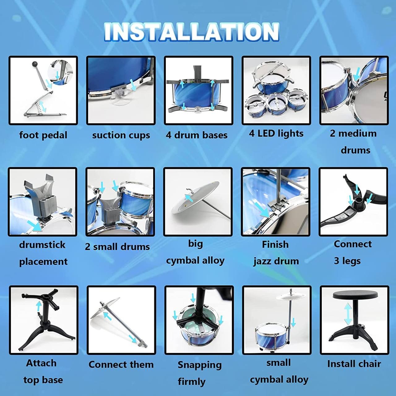 Kids Jazz Drum Set for Toddlers 1-3 (15-Piece), Drum Kit Musical Instrument for Beginner Music Practice w/ 4 Lights, 6 Drums, 2 Cymbals, 2 Drumsticks, Stool (Blue)