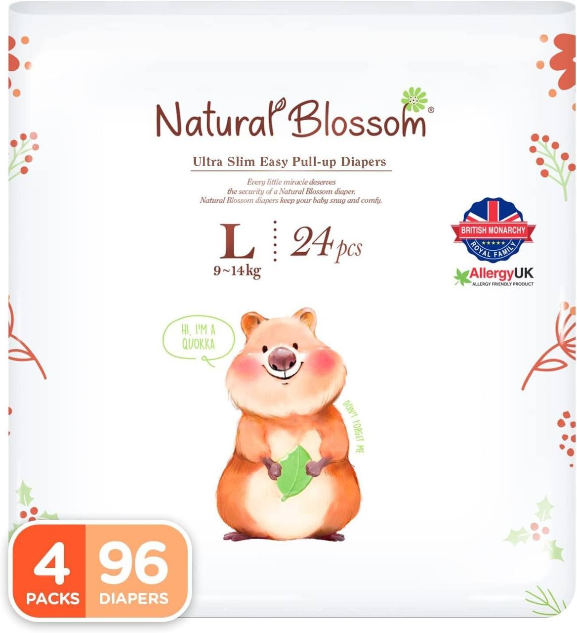 Natural Blossom Easy Pull-up Diaper Pants | Size (4) 2T-3T (20-31 lbs) | 96 Count (24ea*4packs) | Vegan - Super Soft - Hypoallergenic - Ultra-Slim