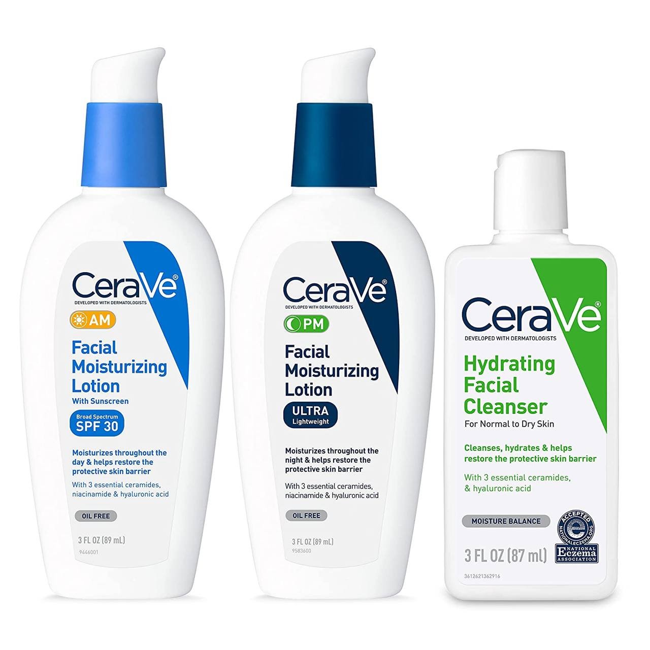 CeraVe AM Face Moisturizer with SPF, PM Face Moisturizer & Hydrating Face Wash Skin Care Set| Travel Size Toiletries | Skin Care Routine for Morning & Night | 3oz Lotion + 3oz Lotion + 3oz Cleanser He