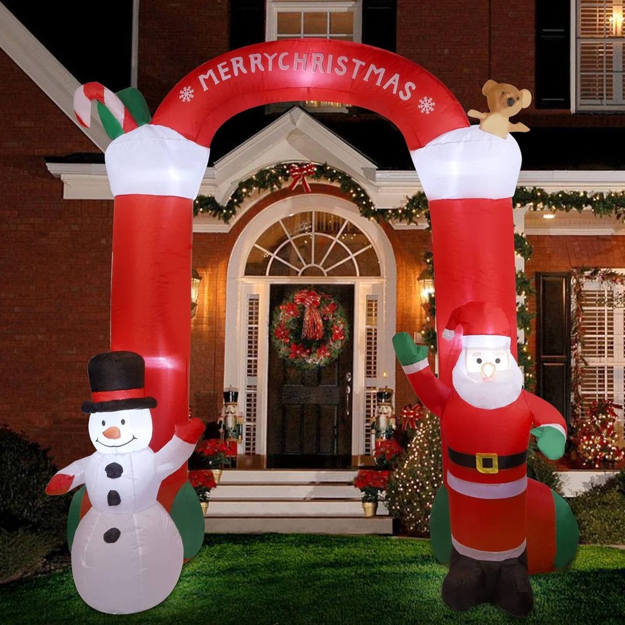 DR.DUDU 9 FT Christmas Inflatables Sock Arch with Santa & Snowman, Blow up Outdoor Decorations Merry Christmas Archway, Perfect for Lawn Garden Yard Xmas Holiday Party