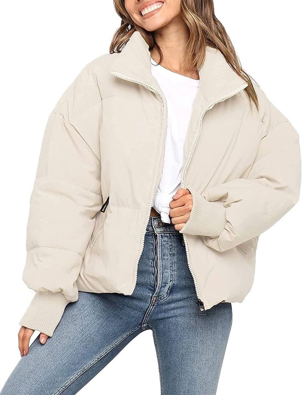 MEROKEETY Women's Winter Long Sleeve Zip Puffer Jacket Pockets Baggy Short Down Coats