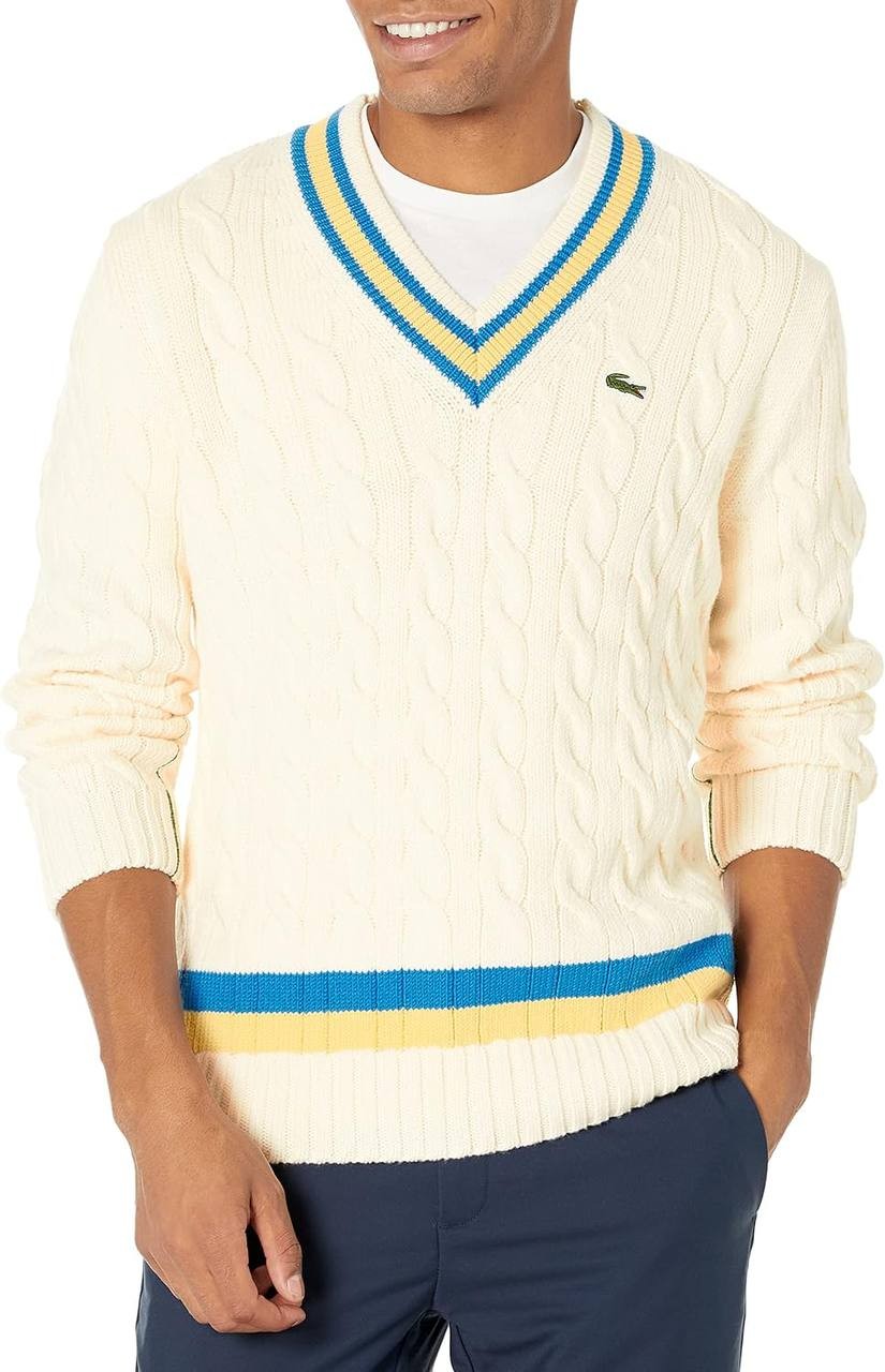 Lacoste Men's Classic Fit V-Neck Contrast Striped Wool Sweater Core