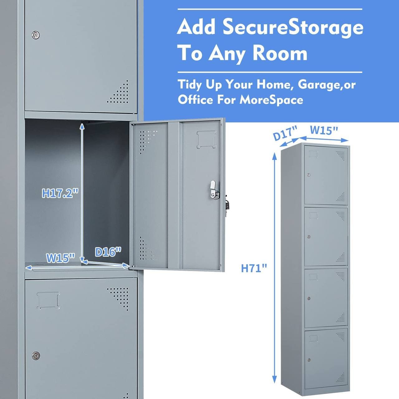Yizosh Metal Locker for Gym， School， Office， 71&#34; Metal Storage Locker Cabinets for Employees， Students Steel Lockers Four Tier with 4 Doors (Grey)