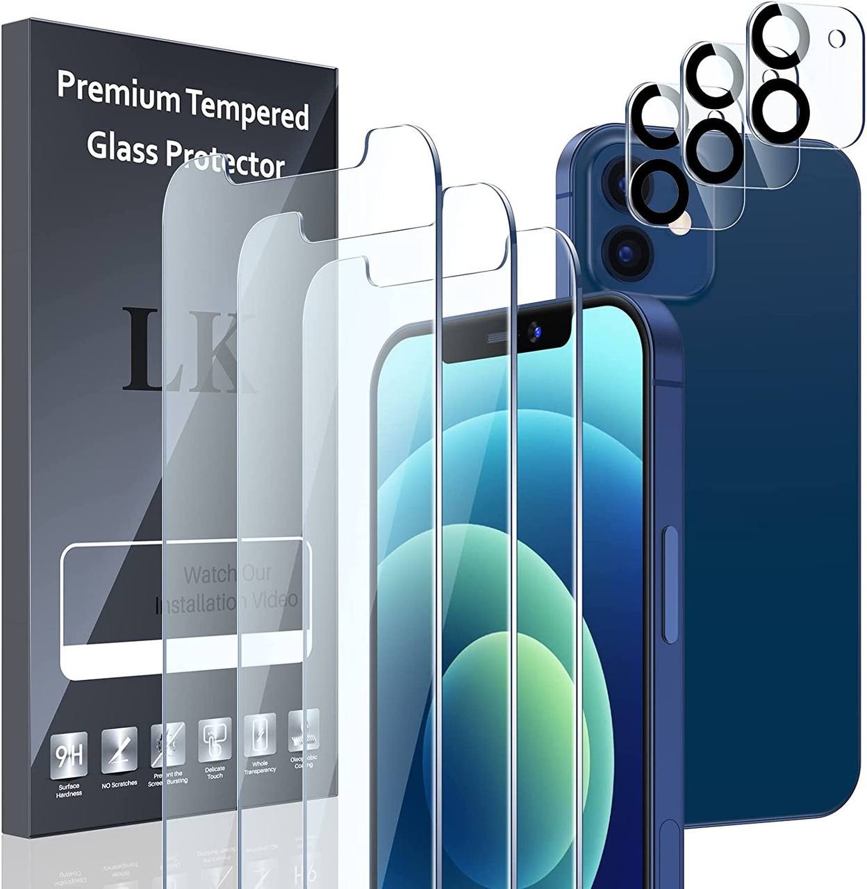 [3+3+1] LK 3 Pack iPhone 12 Screen Protector + 3 Pack Lens Protector with Alignment Frame, [9H] Tempered Glass, Scratch-Proof, Bubble-Free, Smooth Touch Screen Protector for iPhone 12, Clear, 6.1-inch