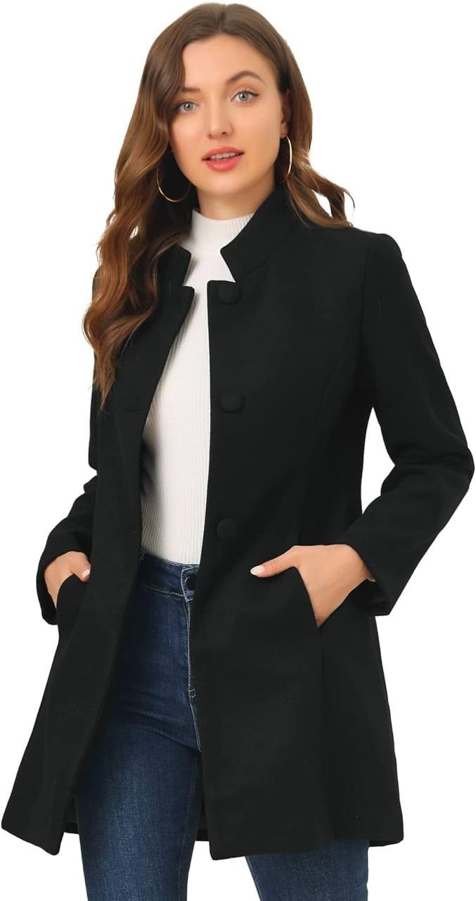 Allegra K Women's Winter Overcoat Mid-Long Stand Collar Woolen Single Breasted Coat Outerwear