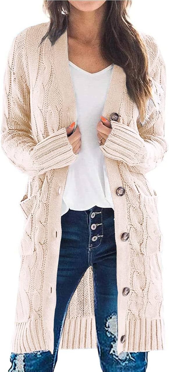 PRETTYGARDEN Long Sleeve Cable Knit Long Cardigan for Women 2023 Fall Winter Chunky Open Front Button Sweaters with Pockets