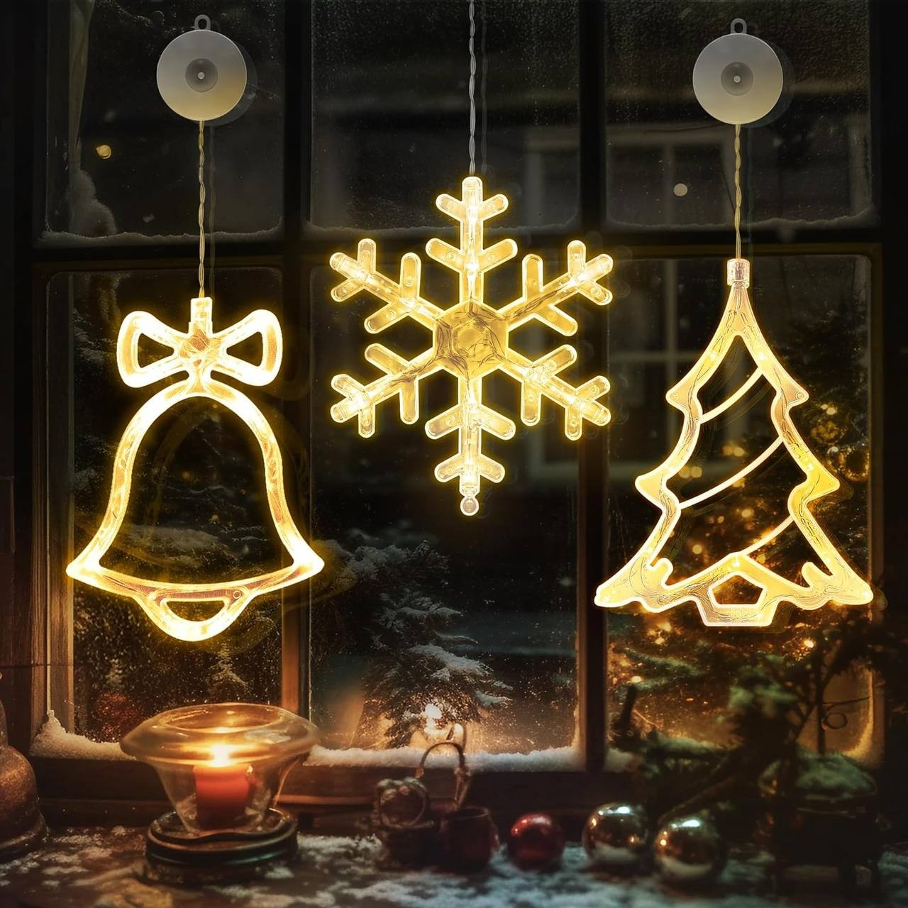 3Pcs Christmas Window Lights Decorations, Battery Powered Christmas Window Hanging Warm White Lighted Tree Bell Snow Shaped LED Sucker Lamp for Xmas Tree Fireplace Window Indoor Outdoor Decor
