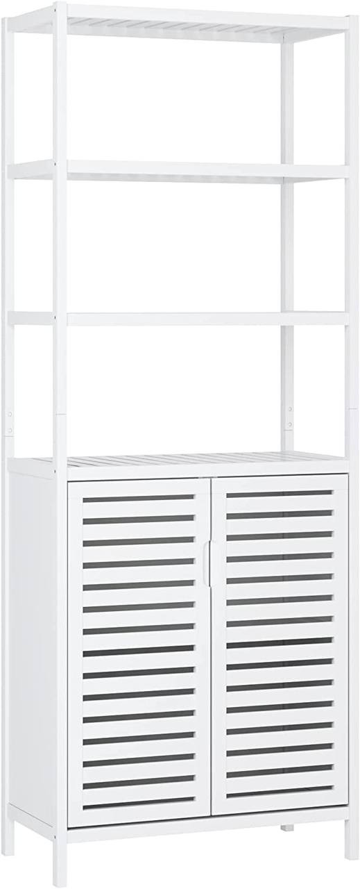 HIFIT Tall Bathroom Storage Cabinet， Bamboo Storage Cabinet with 2 Doors and 3 Tier Shelves， Bathroom Cabinet Freestanding， 67”H Bamboo Tall Cabinet for Bathroom Living Room Kitchen， White