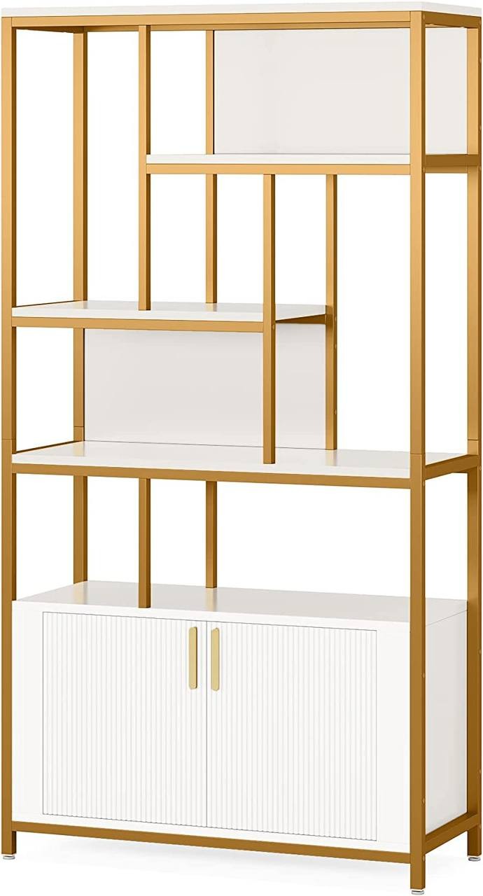 Tribesigns White Bookshelf with Doors， 70.86&#34; Tall Etagere Bookcase with Storage Cabinet， Free-Standing Modern Gold Display Rack Shelves for Bedroom Living Room Office (White and Gold)