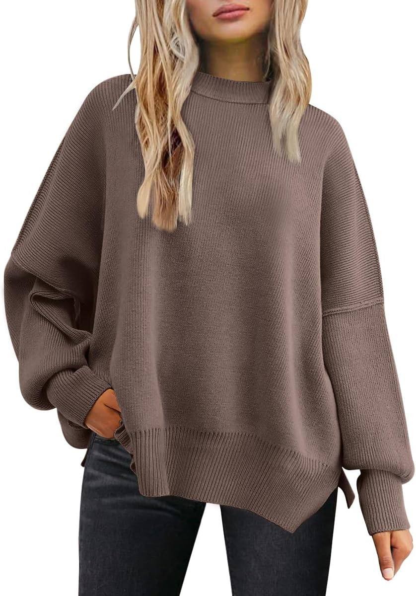 LILLUSORY Women Fall Crewneck Batwing Long Sleeve Sweater Oversized Ribbed Knit Side Slit Pullover Top
