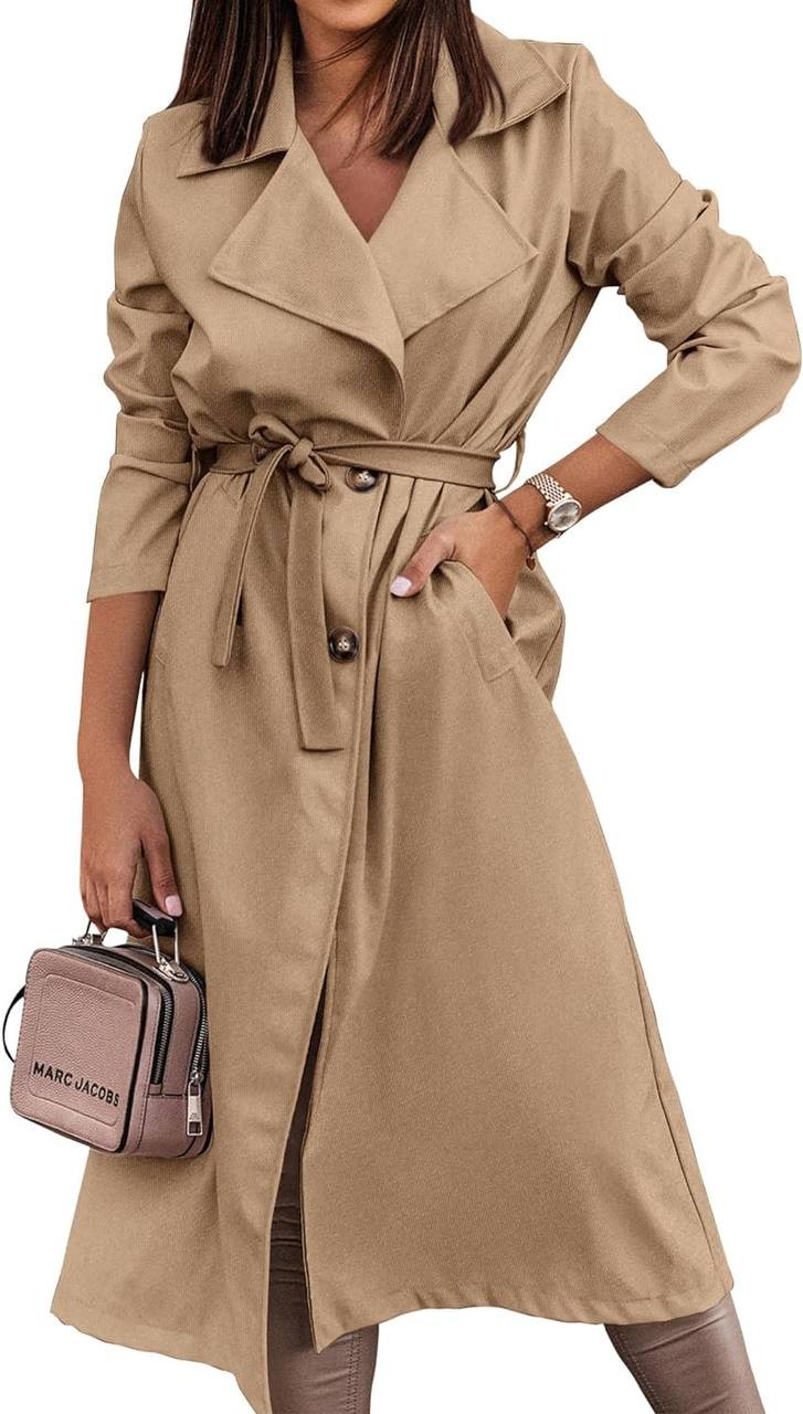 KIRUNDO Women's Trench Coat Long Double-Breasted Fall Fashion 2023 Classic Lapel Slim Overcoat Outerwear With Belt
