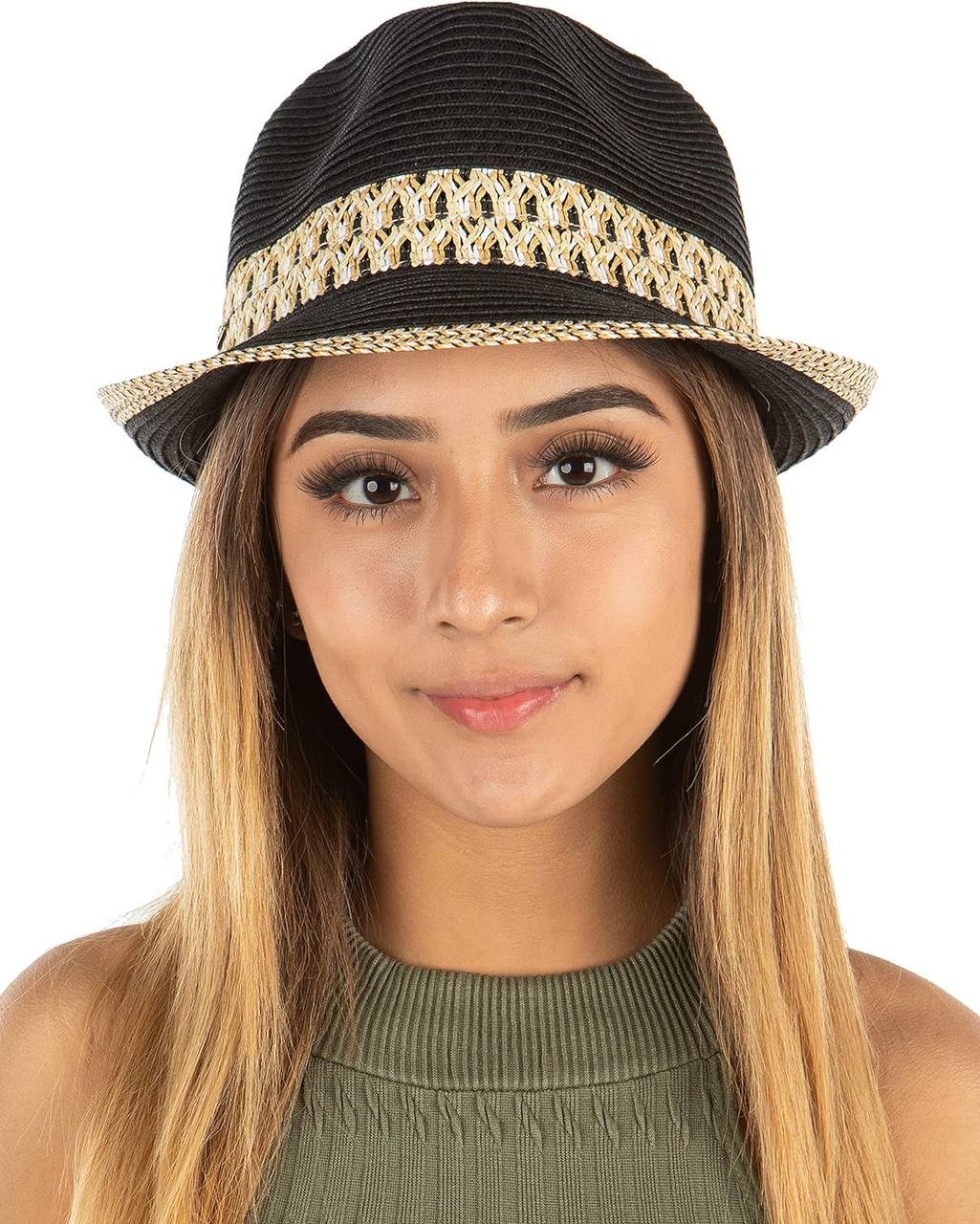 Funky Junque UPF50+ Womens Adjustable Multicolor Woven Pattern Short Brim Fedora Hat