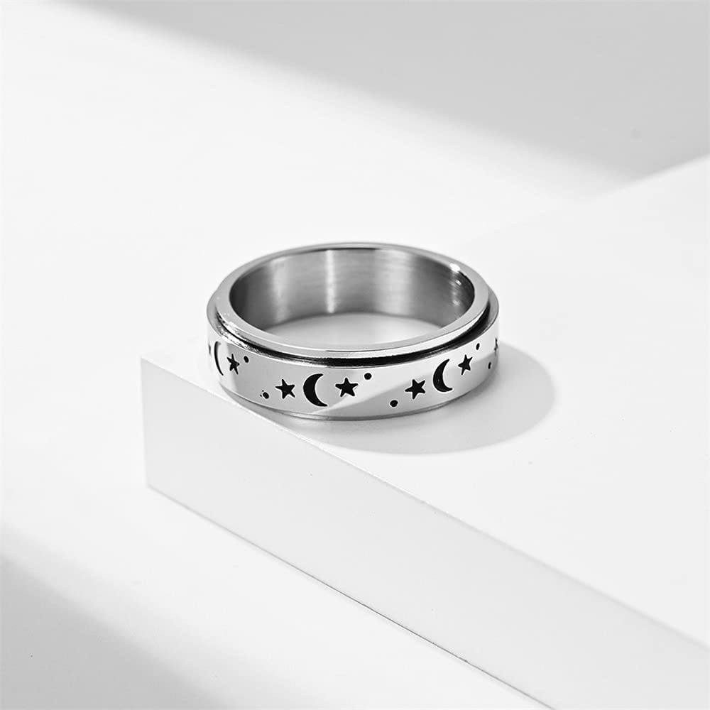 Black Moon Star Rotatable Titanium Stainless Steel Fidget Band Rings for Women Men Boys Teen Girls Dainty Anti Anxiety Stress Relief Spinner Rings Minimalist Statement Promise Couple Rings for Boyfrie