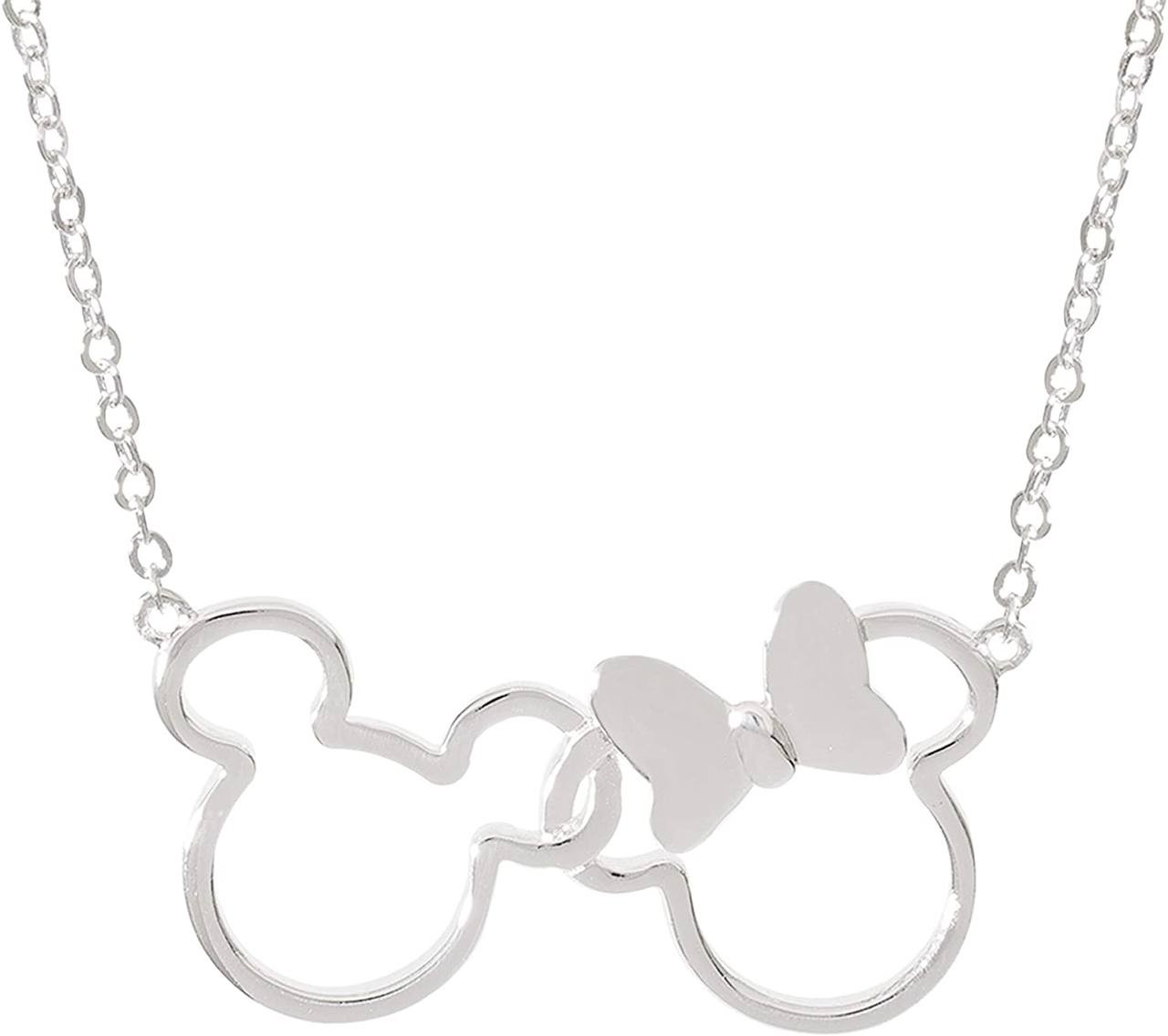 Disney Mickey and Minnie Mouse Jewelry for Women, Interlocking Mickey and Minnie Pendant Necklace; Silver Plated, Two Tone, 18"