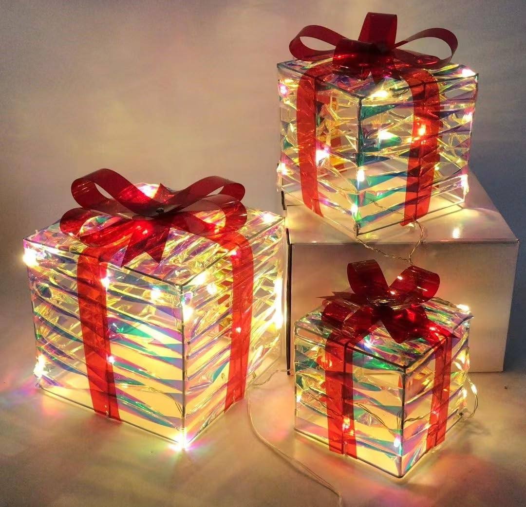 et of 3 Lighted Gift Boxes Christmas Decorations, 48 LED Transparent Lighted Boxes, Christmas Home Gift Box Decorations