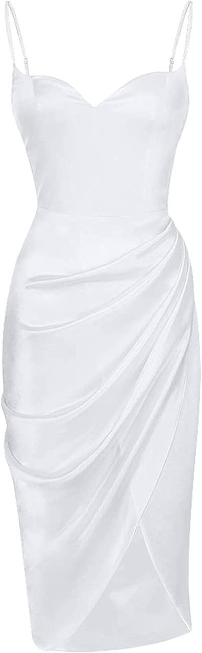 Joukavor Women's Sexy Spaghetti Strap Satin Dress Ruched Midi Bodycon High Slit Dress for Cocktail