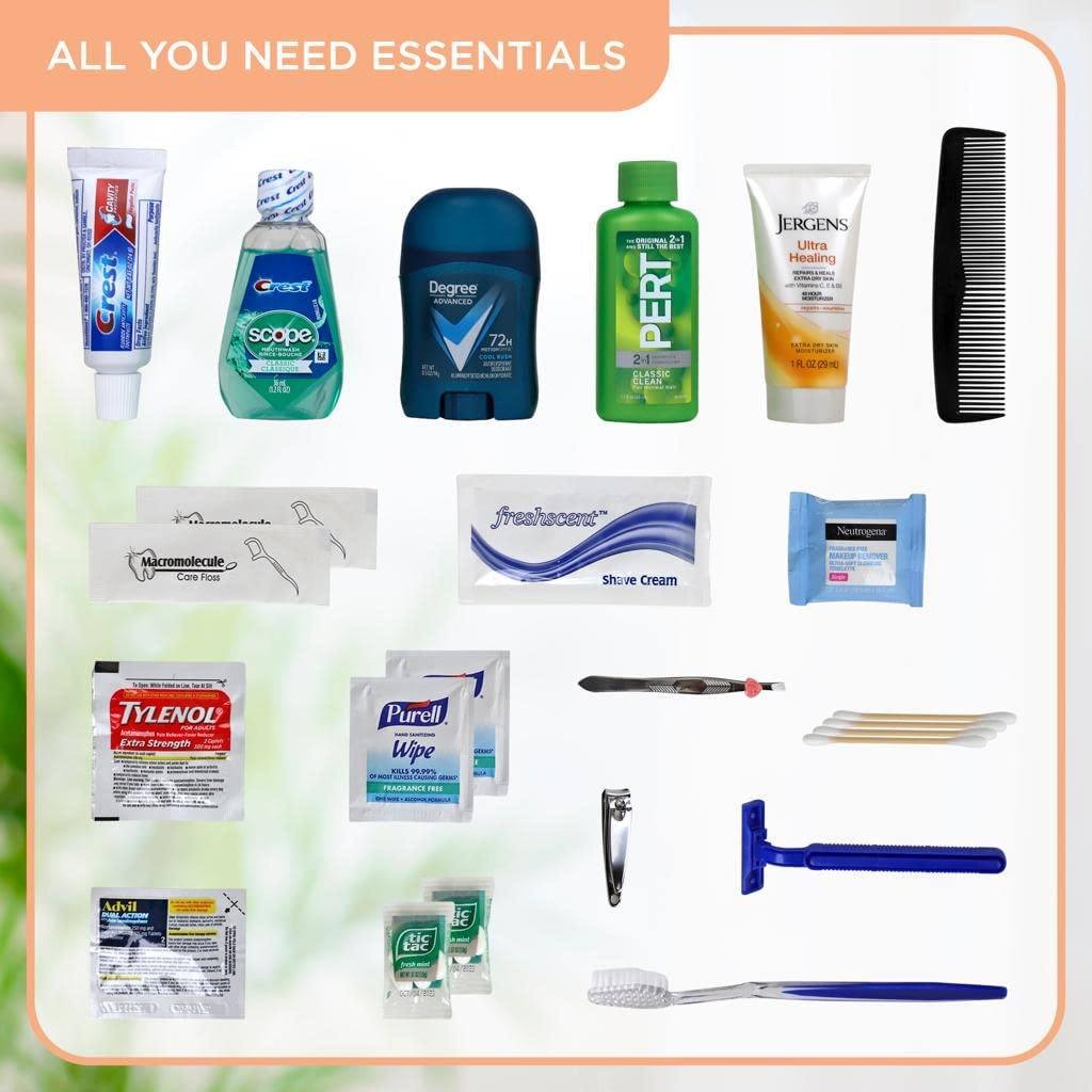 Asom Toiletry Travel Convenience Kit, Premium Personal Care Hygiene Essentials Bathroom Toiletries Accessory Set, Tsa Approved Clear Toiletry Traveling Size Bag Guest Accessories Kits, 20 Piece.