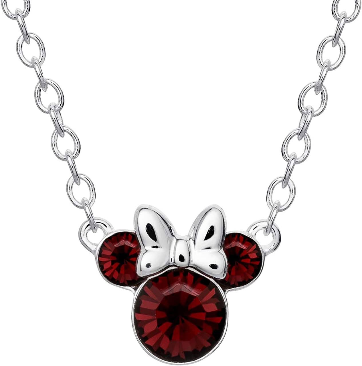 Disney Minnie Mouse Crystal Birthstone Jewelry, Birth Month Pendant Necklace, Silver Plated