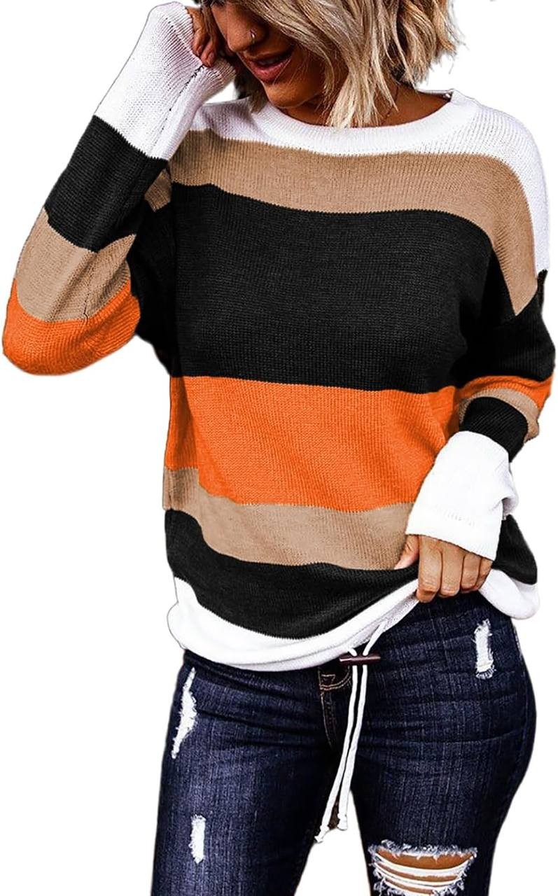 Dokotoo Fall Sweaters Round Neck Striped Cute Winter Pullover Sweaters for Women Trendy 2023 Drawstring